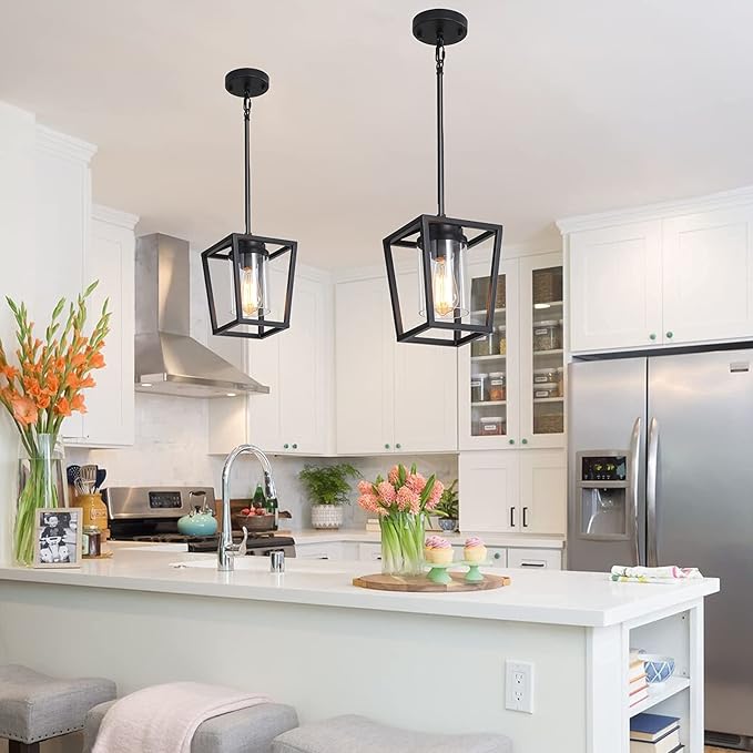 SGLfarmty 1-Light Black Pendant Lights Kitchen Island, Farmhouse Cage Metal Hanging Light Fixtures with Glass Shade，Adjustable Lantern Pendant Lighting for Dining Room, Entryway, Hallway