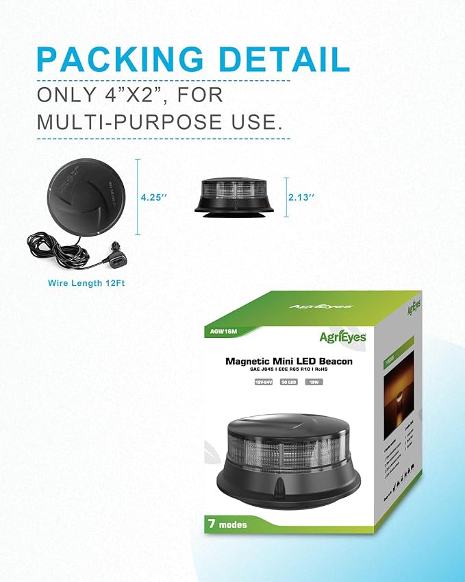 Agrieyes W16M Smoky LED Beacon Lights, Magnetic Base Strobe Lights | Warning/Strobe Flashing/Hazard Flash, for Truck, Tractor, Snow Plow, Plow, Golf Cart, Car