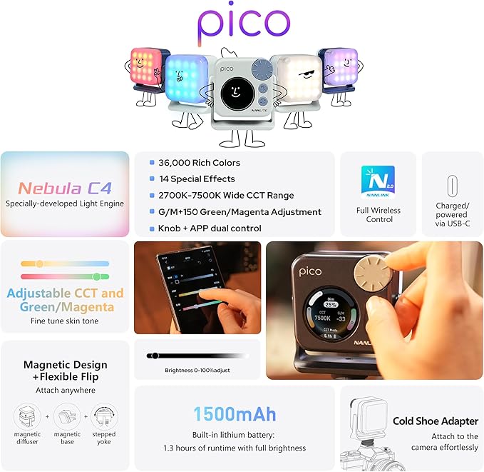 Nanlite Pico Portable LED Fill Light – Full Color RGB, Snap-On Attachment for Phone/Camera Photography, Live Streaming, Video Content Creation (Mint Blue)