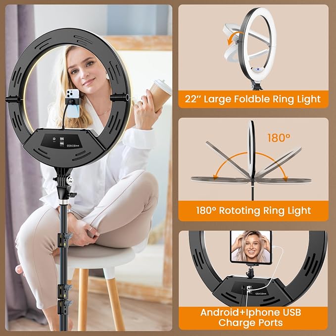 18" Ring Light with Stand: Touch Screen LED Display & 60" Tall Tripod, | 3 Color modes 6500K / 2 USB Ports Foldable LED Big Ring Light Tripod for Live Stream,YouTube,TikTok Video Shooting