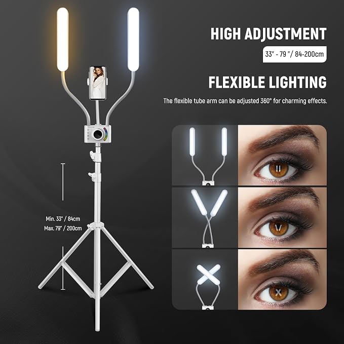 NEEWER RGB Esthetician Light Kit Upgraded with Phone APP Control/Touch Bar, Separate Control Dual Arm LED Video Light w Phone Holder/Stand/Travel Bag, 2500K-10000K 18 Scenes for Tattoo Lash, BH40C
