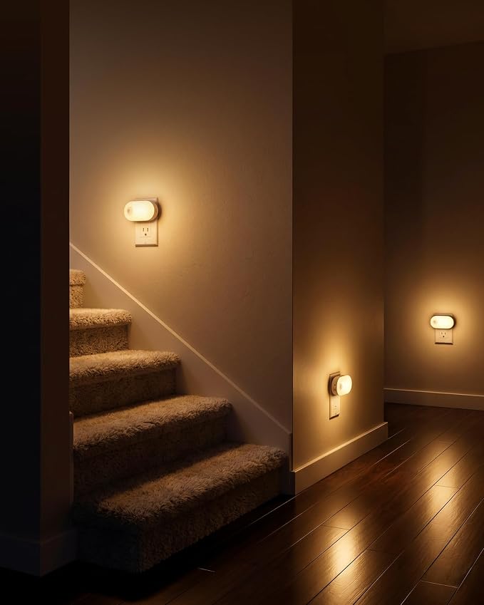 Plug in Night Light with Motion Sensor, 120LM Superior Bright Smart Mini LED Nightlight, Warm White with Stepless Adjustable Brightness for Bathroom, Bedroom, Kitchen, Stairs, Hallway, 2 Pack
