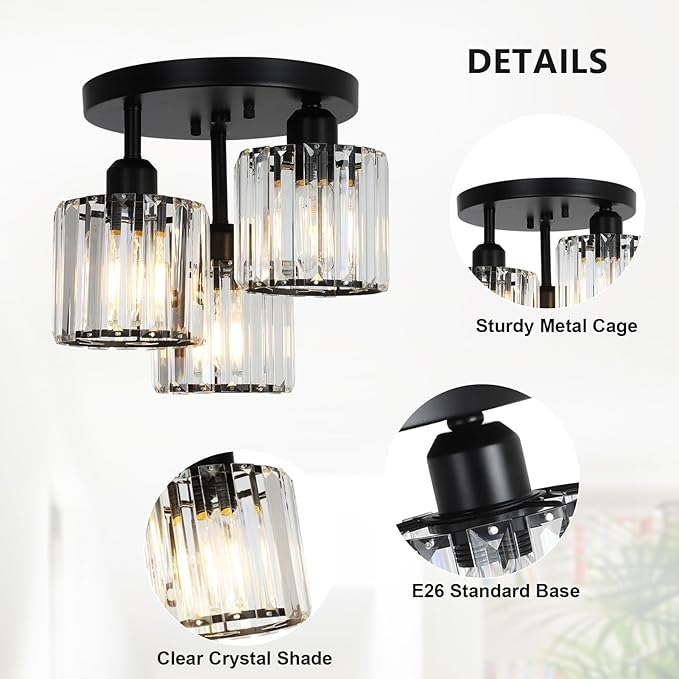 PAUFUL Crystal Semi Flush Mount Ceiling Light,3-Light Modern Close to Ceiling Light Fixtures,Black Kitchen Light Fixtures with Clear Crystal Shade,Hallway Light Fixtures for Hallway Bedroom Bathroom