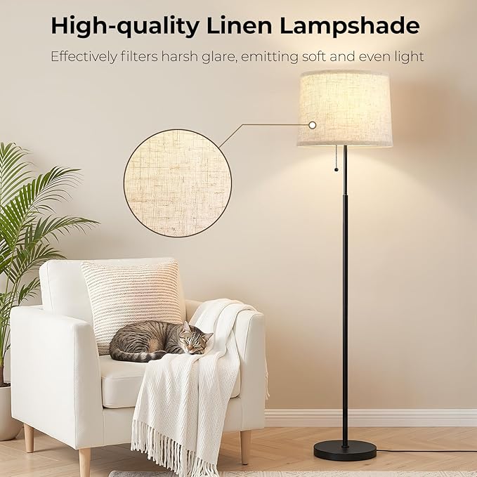Floor Lamps for Living Room & Bedroom, 60" Modern Tall Standing Lamp, 3CCT | Lamps for Office, Classroom, Bedside, Linen Lampshade, Pull Chain Switch, Modern Design, Anti-glare Lighting, Easy Assembly