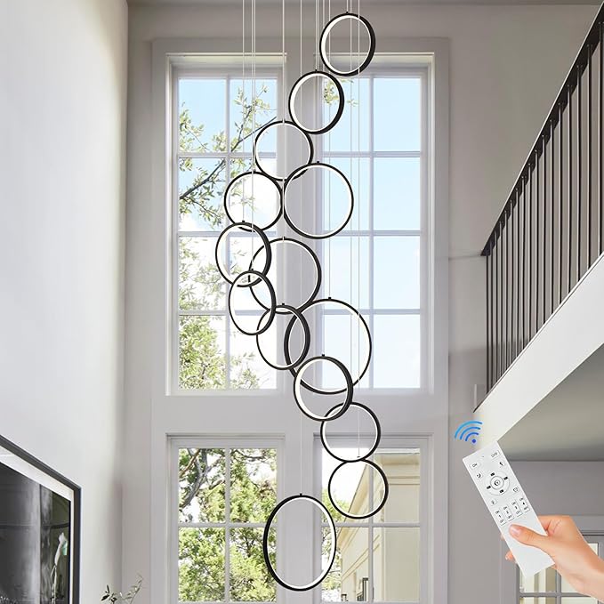 14 Rings Modern LED Chandelier for High Ceiling Dimmable Black Contemporary Foyer Long Chandelier for Entryway, Long Pendant Light Fixture Staircase Dining Living Room, 3000-6500K