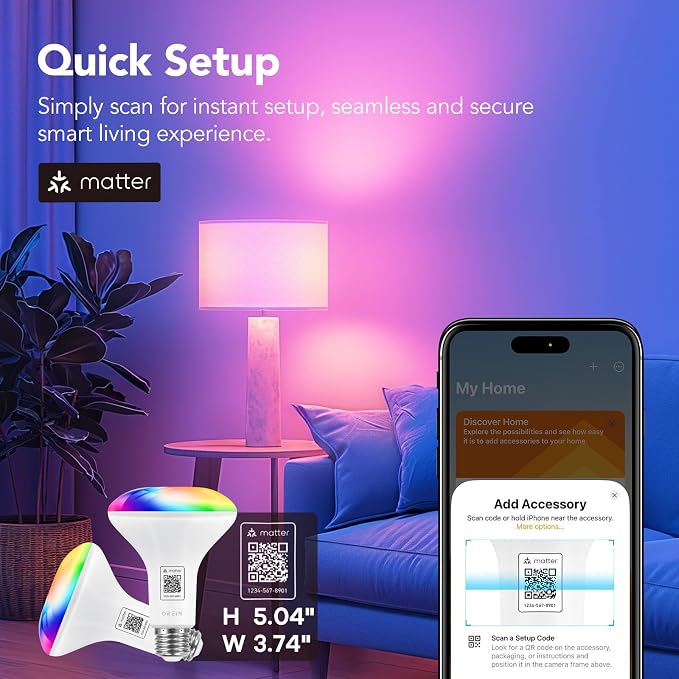 OREiN Matter BR30 Smart Light Bulbs, 60W 650lm RGBTW Color Changing, 4 Pack | LED Light Bulb Compatible with Alexa, Apple Home, Google Home, SmartThings, 2.4Ghz WiFi only Smart Bulbs, E26 Base