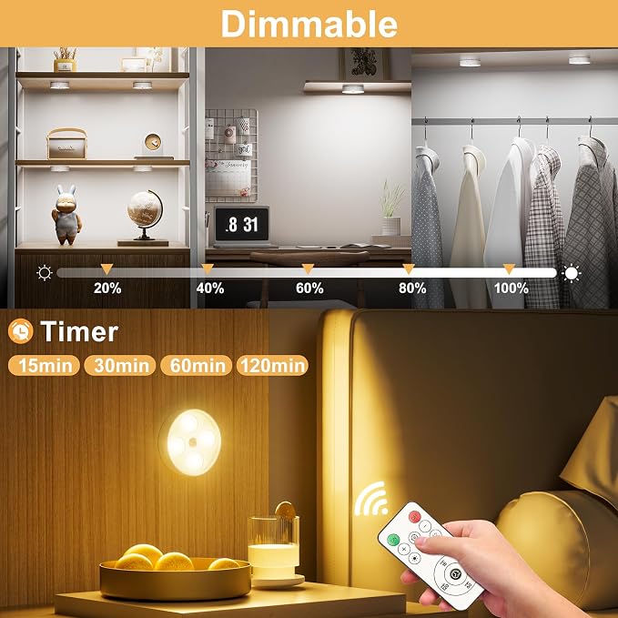 Under Cabinet Lighting, 1500mAh Rechargeable Motion Sensor Puck Lights with Remote, 3 Color Temper, Magnetic Stick on Light, Dimmable Under Counter Lights for Kitchen, Shelf, Closet, Stair, 4 Pack