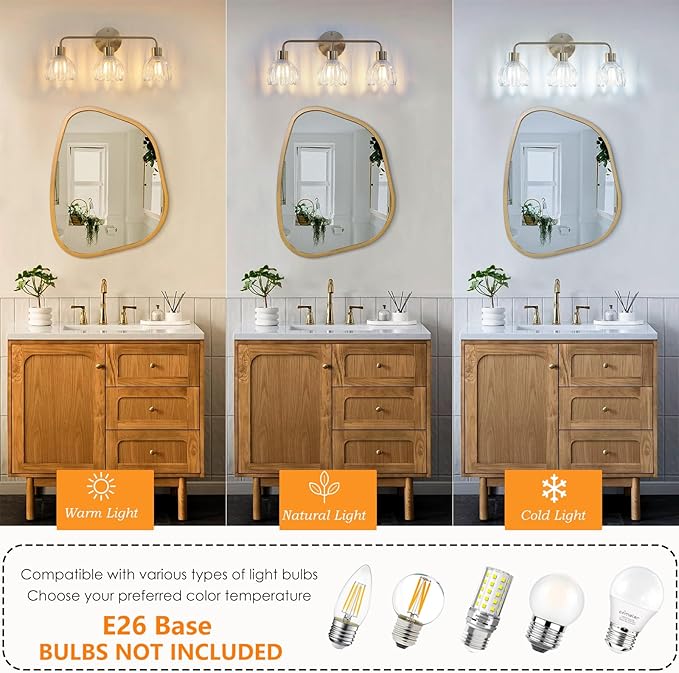 2-Light Gold Brass Bathroom Light Fixture with Clear Tulip Glass Shade,Wall Sconces,Vintage Vanlity Light Over Mirror,Bathroom Wall Light,E26 Socket(Bulbs Not Included)