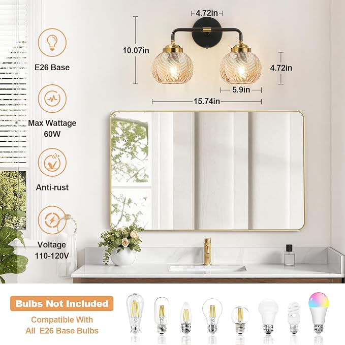 MOKATNG Bathroom Light Fixtures, 2-Light Amber Vanity Lights with Unique Leaf Texture Glass Shade, Modern Matte Black and Gold Bathroom Wall Lamp for Mirror Hallway Cabinet Living Room