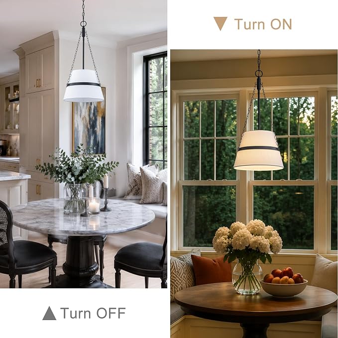 11.4" Black Drum Pendant Light for Kitchen Island, White Linen Fabric Shade | Modern Transitional, Cone Shape, 3 Side Chains, 1-Light, Breakfast Nook, Reading Corner, Adjustable Height 11.42"W x 23.82"H