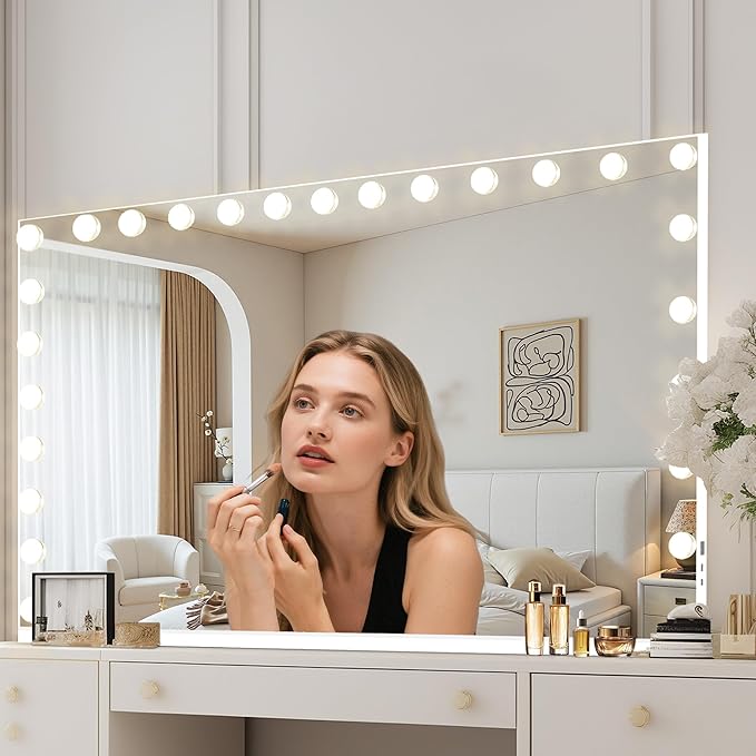 Moonee Vanity Mirror with Lights, Hollywood Lighted Makeup Mirror with 24 Dimmable Bulbs and 10X Magnification, 3 Colors Modes, Aluminum Metal Frame, Light Up Mirror for Tabletop/Wall（48" x 30"）