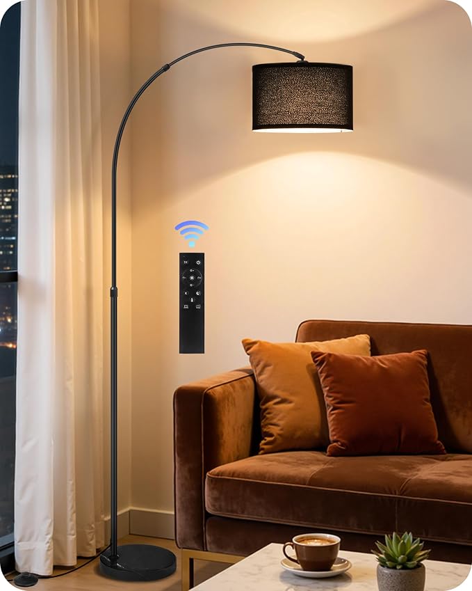 75" Arc Floor Lamp with Marble Base and Adjustable Height, Rotating Hanging Shade, Dimmable Floor Lamp for Living Room with Remote and Foot Switch, 3 Color Temperature, Black B15LD05
