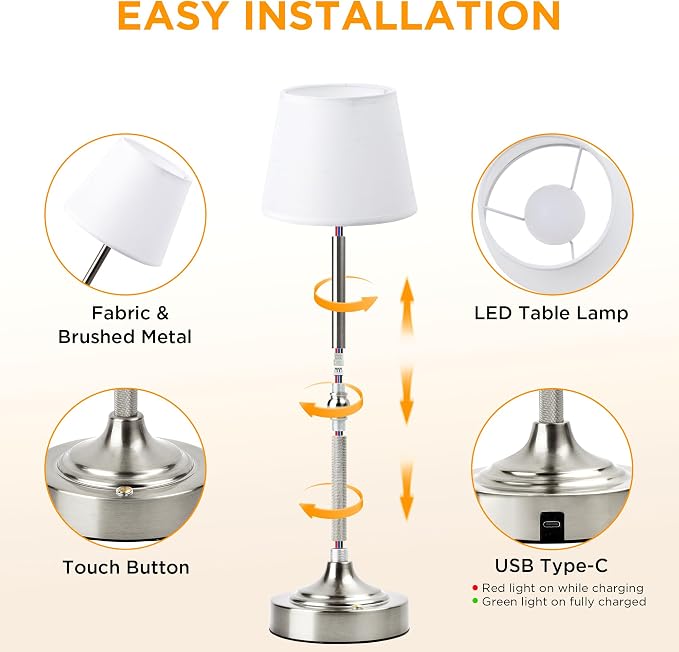 LUTEC Cordless Table Lamp, Battery Operated Lamp with 3 Color Temps and Stepless Dimming, 5200mAh Portable Rechargeable Table Lamp for Restaurant/Bedroom/Bars/Outdoor (Silver)