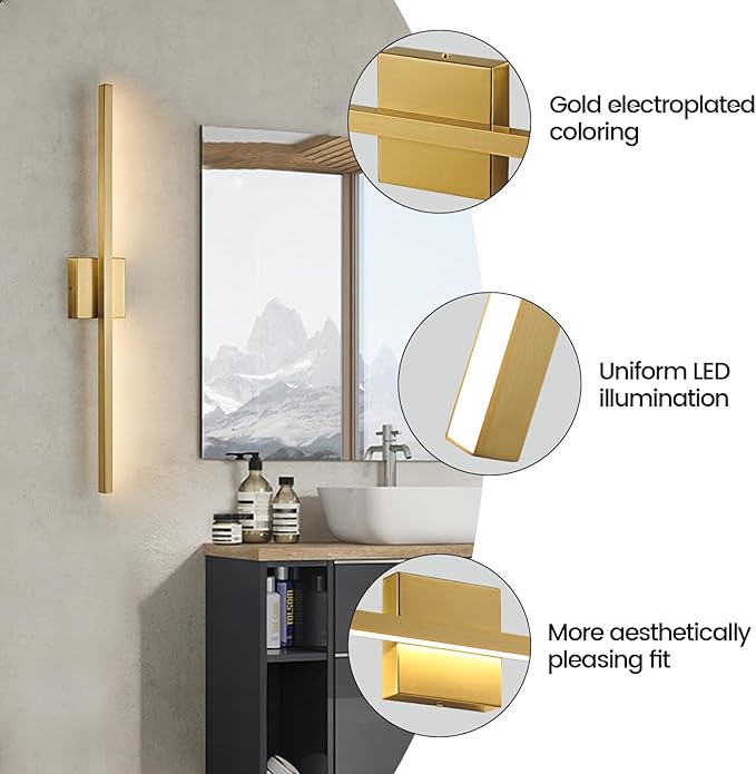 Gold Vanity Lights for Bathroom - 31.5 inch Brushed Gold Bathroom Light Fixtures Over Mirror 22W LED Dimmable Wall Sconce Lighting Fixture 5CCT Vanity Light Bar for Bathroom Bedroom