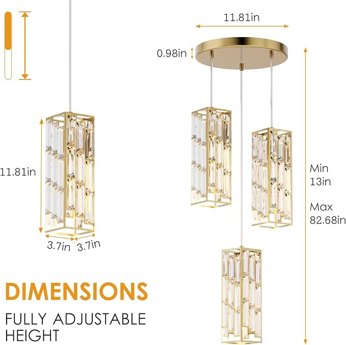Modern 3-Light Crystal Pendant Light Fixture Kitchen Island, Brass | Mini Crystal Chandeliers, Height Adjustable Cord, Ceiling Hanging Lighting for Kitchen Island Dining Room Bedroom