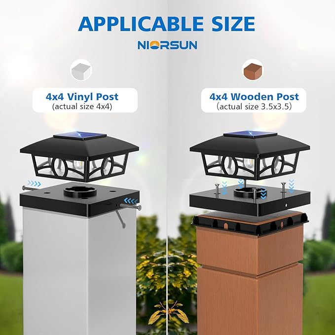 NIORSUN Solar Post Lights Outdoor, Fence Post Solar Lights Warm White Outdoor Waterproof Edison LED Bulbs Garden Patio Fence Deck Decor, 4x4 Post Caps Wood Vinyl, Black 12 Pack
