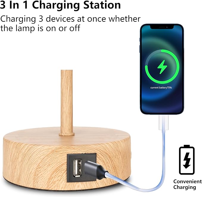 Bedside Table Lamp for Bedroom - 3 Way Dimmable Touch Lamp USB C Charging Ports and AC Outlet, Wood Base Round Flaxen Fabric Shade for Living Room, Desk,E26 Bulb Included