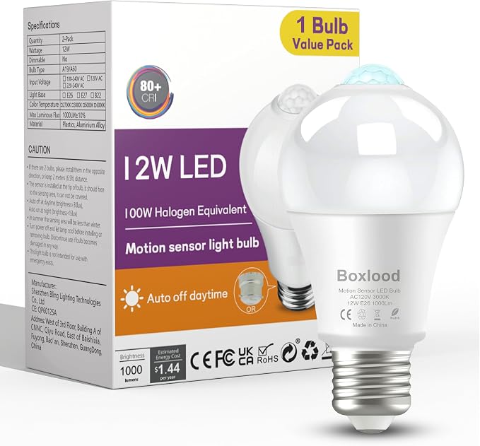 Motion Sensor Light Bulbs, 12W Motion Activated Dusk to Dawn Outdoor Light Bulb (100Watt Equivalent) A19 E26 3000K Warm White for Outdoor Indoor Front Door Porch Garage Basement Hallway, 1 Pack