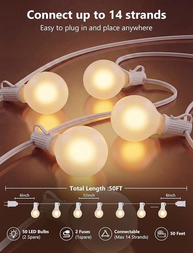 GOOTHY Outdoor LED String Lights, 50Ft with 52 Frosted White LED Globe Bulbs, Waterproof for Indoor/Outdoor Use, Perfect for Garden, Bistro, Pergola, Tents & Decorations, White