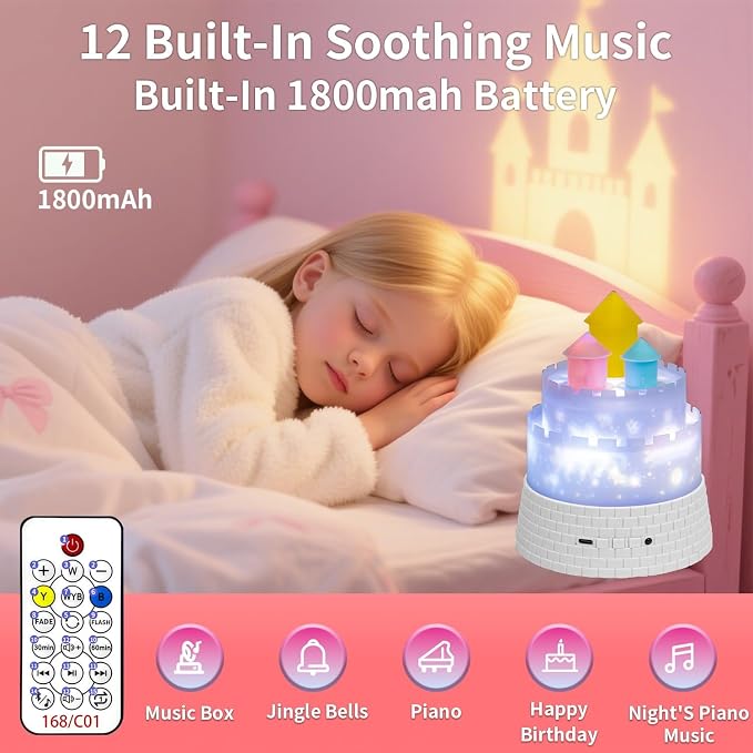 Carousel Kids Projector Night Light, 12 Music+23 Films, Rechargeable 1800mah Light Projector for Kid Room, 360 Rotating Night Light for Kids with Remote Timer, Princess Lamp for Girls Bedroom