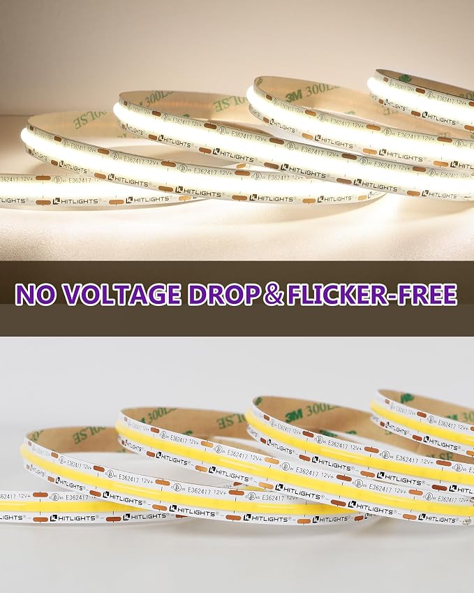 HitLights White COB LED Strip Lights 4000K, 16.4ft 12V Tape, UL Listed | 2640 LEDs, 426 lm/ft, CRI 90+, IP30, High Density, Cuttable, Rope Lighting for Kitchen Cabinets, Power Source Not Included