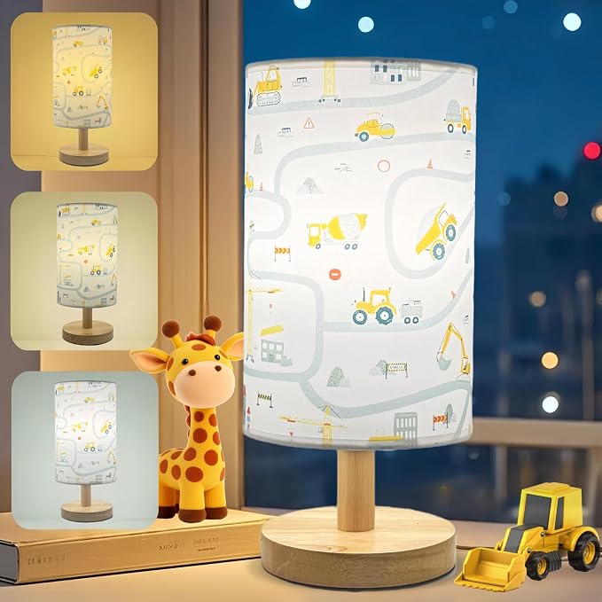 Kids Desk Lamp for Bedroom Boy,Reading Car Lamp,3-Way Dimmable Bedside Night Light with Cartoon Pattern Printed Shade and Wood Base for Kids Room Nursery Living Room Decor,Car Gift for Boys
