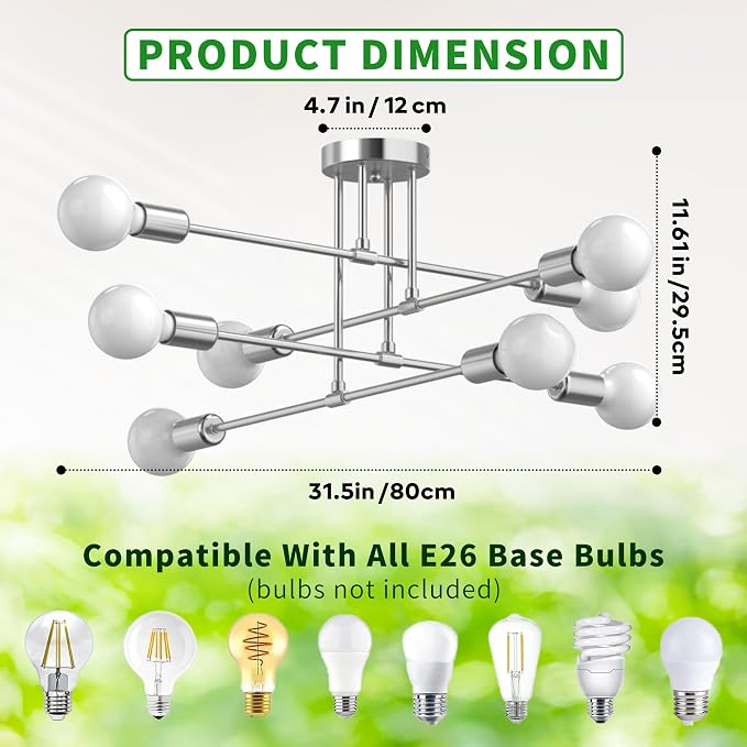 Modern Sputnik Chandelier Ceiling Light Fixtures, 8-Lights Mid Century Industrial Metal Semi Flush Mount for Dining Room, Bedroom, Living Room-Glossy Silver