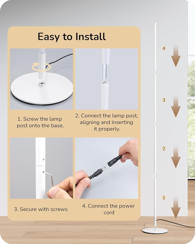 EDISHINE 59.8" Corner Lamp with Remote & 3 Height Settings, Dimmable & 3CCT | Adjustable Color Temperature, Foot Switch, Metal Base, Slim Floor Lamps for Living Room, Bedroom, Study, White