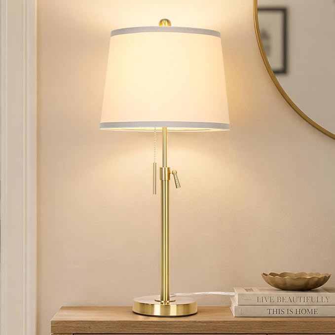 Modern Gold table Lamp 22" to 30"Adjustable Height 3 Brightness Way Brass Nightstand with White Linen Shade Pull Chain Pole Lights for Living Room Guest Bedroom End Table Office(Bulb Included, Single)