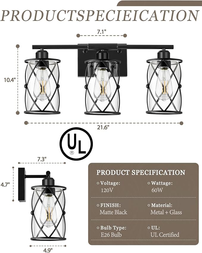 3-Light Black Bathroom Light Fixture, 21 Inch Modern Farmhouse Vanity Lighting Fixtures Over Mirror with Glass and Metal Cage, Wall Sconce Lights for Bath, Rust-Resistant, E26, CH9176BK-3W