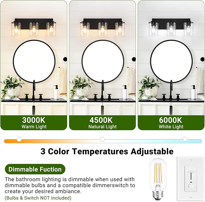 3-Light Bathroom Light Fixtures, Matte Black Bathroom Vanity Lighting Over Mirror with Clear Glass Shades, Modern Vanity Lights for Bath Wall Sconces Lamp for Powder Room, Bedroom, Hallway