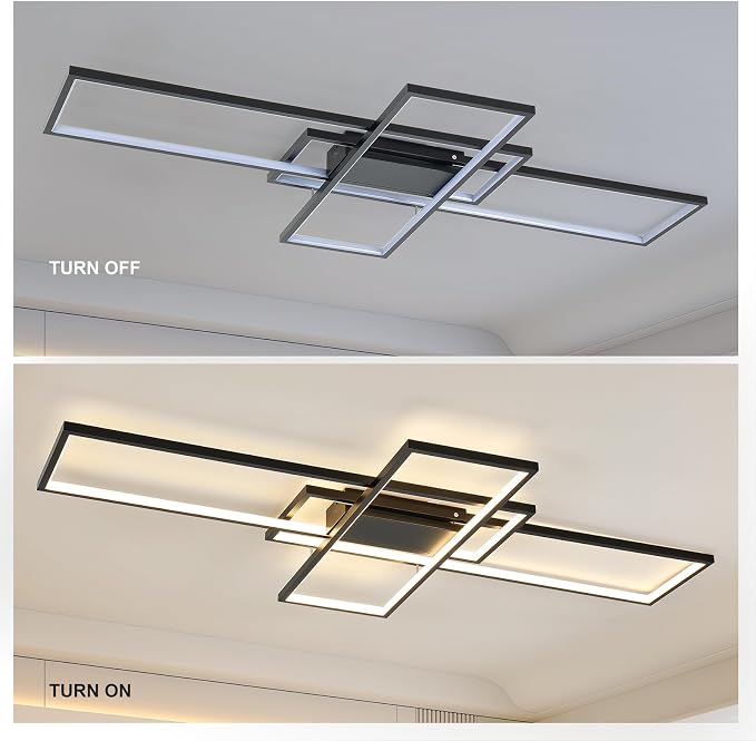 GEADI 60.2" Extra Large Modern LED Ceiling Light, Dimmable Chandelier | 112W Black Geometric Flush Mount Ceiling Lamp with Remote, 3000K-6500K Dimming, Memory, Chandelier for Living Room