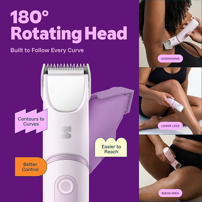 SpinDuo 2 in 1 Electric Bikini Trimmer for Women,180°Rotating Head | SpotGlide™ Ceramic Blade for Body, Leg & Bikini Areas,Light & Mirror, 3-Step Trim, Shave & Red Light,IPX7,USB-C