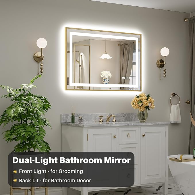 44x30 Inch LED Bathroom Mirror with Gold Frame, Backlit & Front Lit | Anti-fog, 3 Color Dimmable, Memory Function, HD Reflection Tempered Glass, ETL Listed, IP54 Waterproof