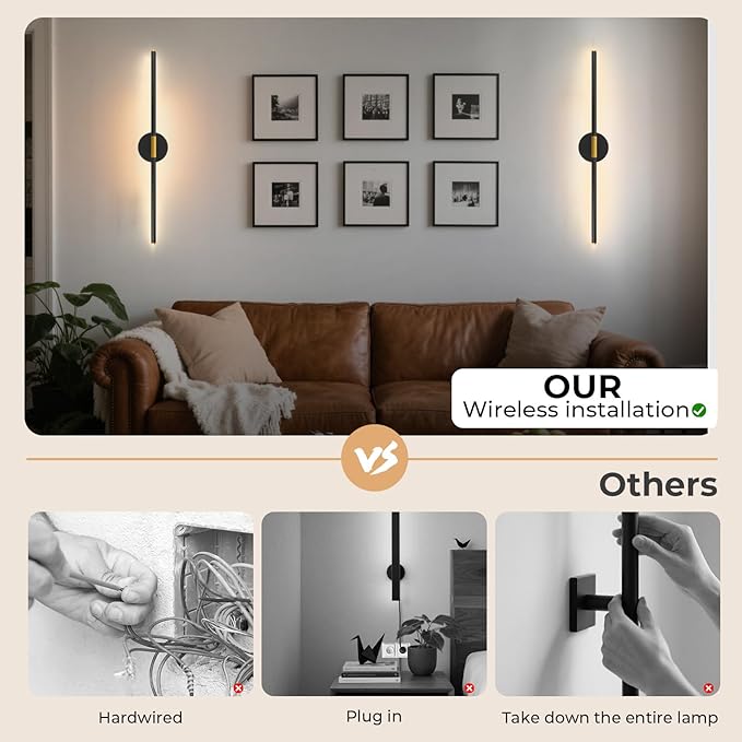 28.3" Battery Operated Wall Sconces Set of 2, 360°Rotation Rechargeable Wall Lights with Remote Control, 3000K-6500K LED Detachable Wall Lamp for Bedroom, Hallway, Black Gold
