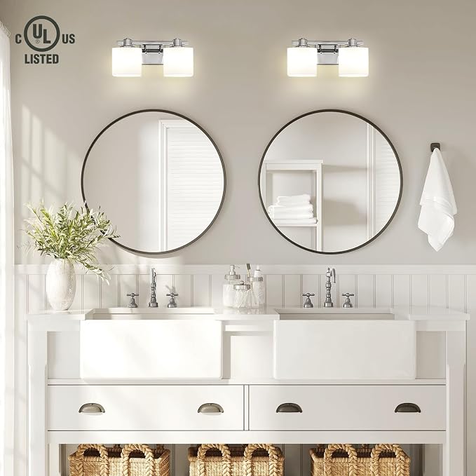 15 Inch Chrome Bathroom Light Fixtures Over Mirror 2 Light Bathroom Vanity Light Silver Modern Industrial Makeup Lighting Wall Sconce Farmhouse Rustic Milk Glass Lamp Desk Sink