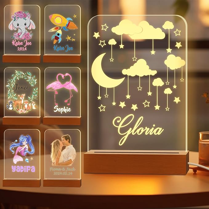 Personalized Night Light for Kids Custom Engraved Name Acrylic LED Lights with Wood Base for Nursery Bedroom Decor Night Lamp, Customized Birthday Gifts for Boy and Girl,Cloud