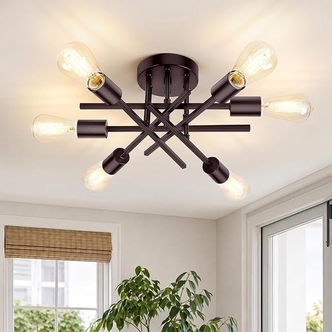 6-Light Semi Flush Mount Ceiling Light Fixture, Modern Industrial Sputnik Ceiling Light, E26 Close to Ceiling Light for Kitchen, Bedroom, Dining Room, Living Room, Hallway, Brown