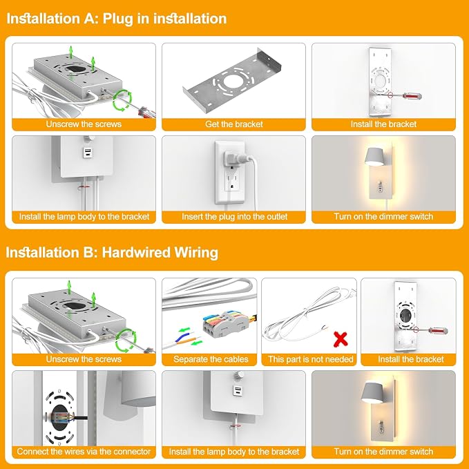 Dimmable LED Wall Sconce with USB&C Ports-5 Color Temperature (2700K-6000K) Plug-in Bedside Reading Light,Up&Down Wall Mounted Lamp for Bedroom,Living Room,Hallway-Modern Home Decor (1 Pack)
