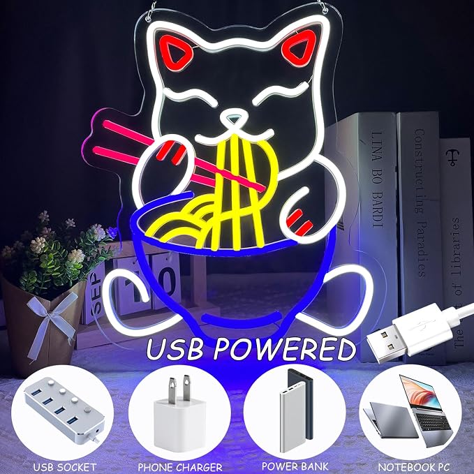 Fortune Cat Ramen Neon Sign Japanese Lucky Cat Noodle Neon LED Light Signs | Dimmable Anime Ramen Cat Neon Lights up Sign for Living Room Wall Decor Home Bar Kitchen Ramen Restaurant Dining