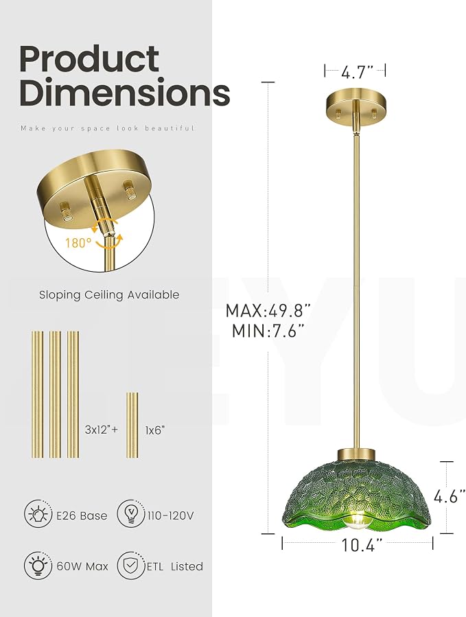 zeyu 10.4 Inch Green Glass Pendant Lightings, Brushed Gold 1 Light Island Light Fixtures, Hanging Lamps 2 Pack with Green Hammered Glass, ZJX116M1L-2PK BG G