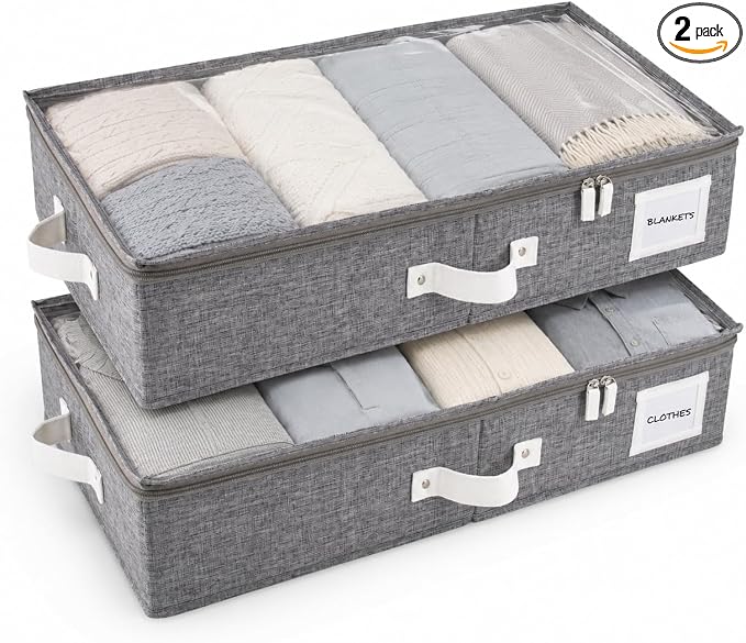Under Bed Storage, Large 2pc with Lid, Light Gray | Drawer-style pull-out design, Fits blankets, clothes, fabric & shoes, Bins with lids, Bedroom & closet storage