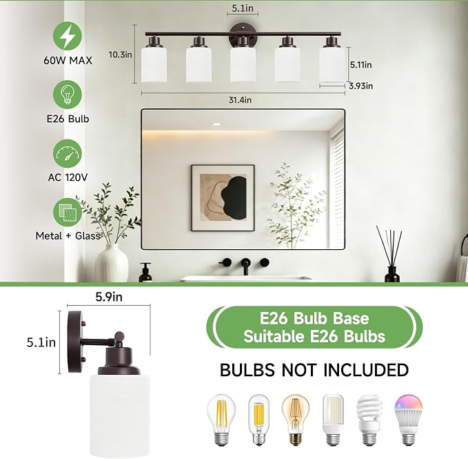 5-Light Bathroom Light Fixtures, Vanity Lights for Mirror with Textured Milky White Glass Shade, Modern Kitchen Light Fixtures Wall Sconce Light - E26 Base - Oil-Rubbed Bronze
