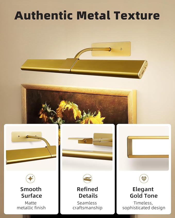 EZVALO Picture Light for Wall, 4800mAh Rechargeable Wireless Lights, 16'' Dimmable with IR Remote Magnetic LED Art Painting Light with 3 Color Temps, Display for Gallery, Living Room, Bedroom(Gold)