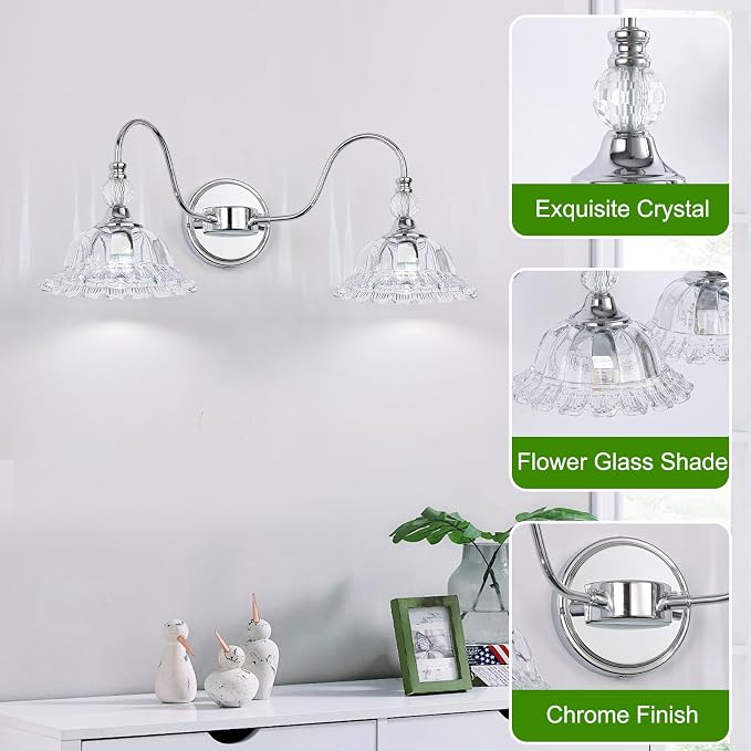 Modern Bathroom Vanity Light Fixtures 2 Lights Chrome Vanity Lights for Bathroom with Floral Crystal Glass Shade Modern Wall Lamp for Mirror(Exclude E26 Bulb)