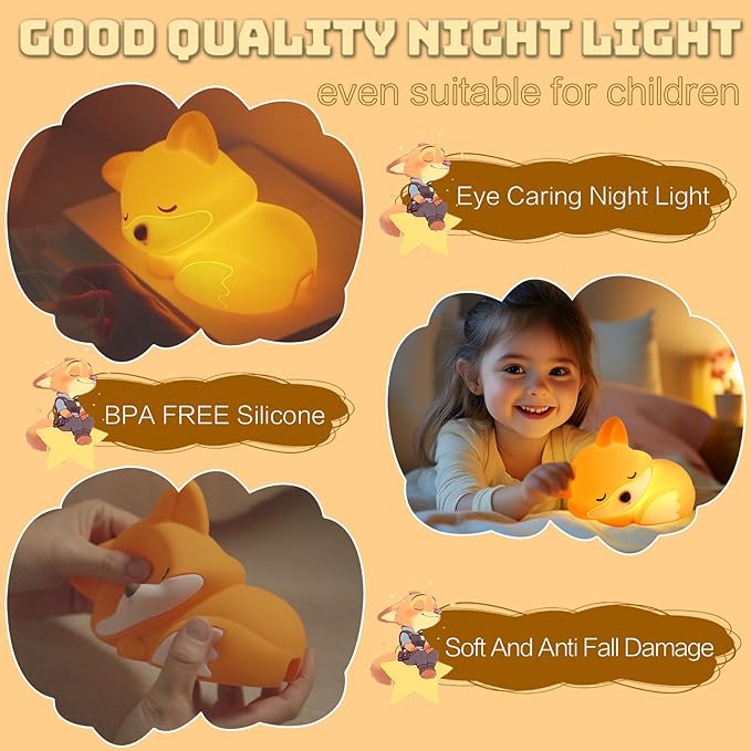 Cute Fox Lamp, Fox Night Light for Kids, Squishy Rechargeable Dimmable Toy, Baby Nursrery Nightlight, Woodland Animal Décor, Xmas White Elephant Gifts, Touch Light Up Foxes, Safe Silicone