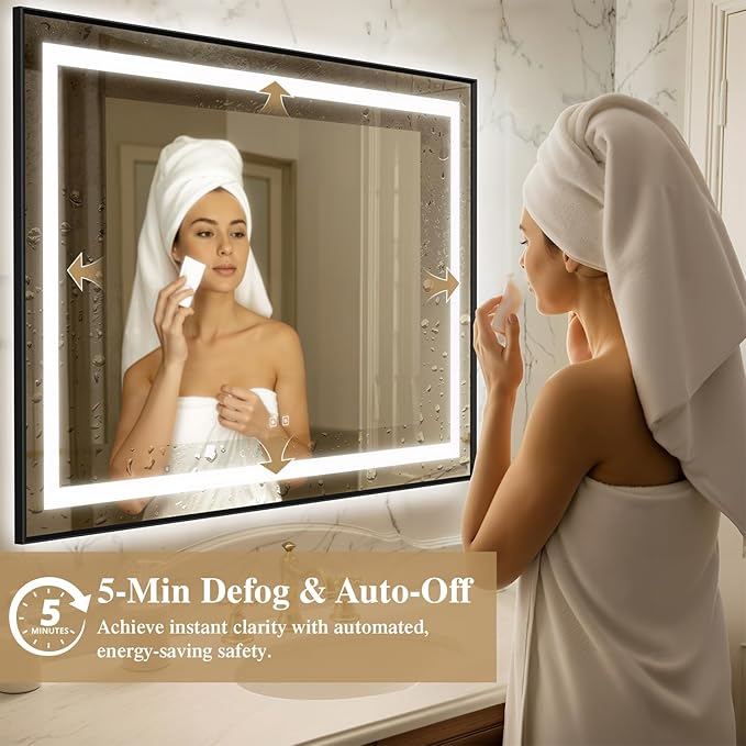 28X36 Inch LED Bathroom Mirror with Lights, Black Frame Frontlit+ Backlit Bathroom Vanity Mirror for Wall, Ultra-Clear Tempered Glass, Shatter-Proof, Anti-Fog and Memory Function, ETL Listed