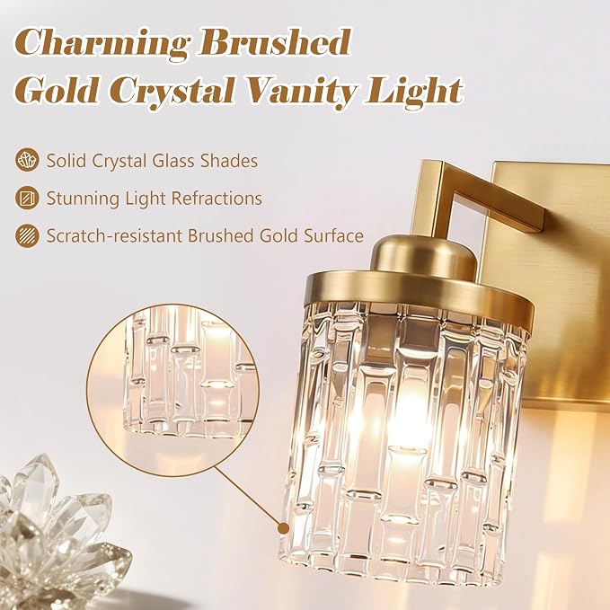 maesta Gold Bathroom Light Fixture,3 Light Modern Vanity Light Over Mirror | Modern Vanity Light, Gold Metal & Crystal Glass Fixture, Anti-Rust, Easy to Install for Bathroom Hallway Bedroom Entryway
