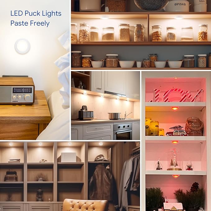 Yiliaw 12 Pack LED Puck Lights Remote Control 16 Color Changeable Under Cabinet Lights, Battery Operated Lights Night Light with Dimmer & Timmer for Closet Bedroom Kitchen, White