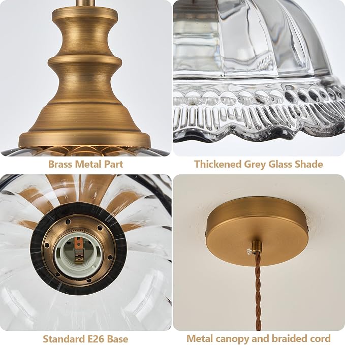 HDDFL Glass Pendant Lights Modern Pendant Lighting Fixtures Hanging Lamp for Kitchen Island Bedroom Dining Room Coffee Shop Hallway Grey and Brass